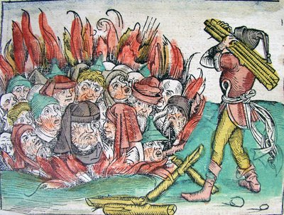 世界のシェーデル年代記、1493年から1338年のデッゲンドルフでのユダヤ人の焼却。 作： Michael Wolgemut
