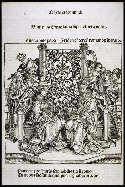 教皇ピオ2世とドイツ皇帝フレデリック3世の間の会議、約1493年。 作： Michael Wolgemut