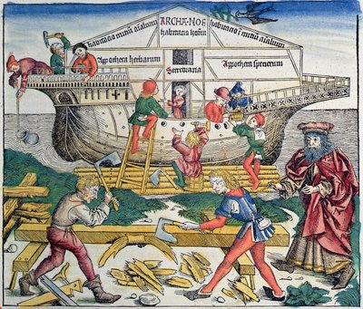 ノアズアークの建物、ハルトマンシェーデル作「ニュルンベルククロニクル」、1493年（色の木版画） 作： Michael Wolgemut