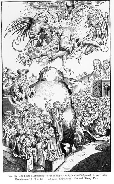 1493年に出版されたリベルクロニコルムからの反キリストの統治、イラスト、中世の科学とルネサンス、ポールラクロワによって書かれ、彫刻された、1878年（engrav 作： Michael Wolgemut