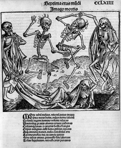 ハルトマン・シェデル（1440-1514）の「ニュルンベルク年代記」に登場する、骸骨が登場する不気味なダンスシーン（7月12日、ニュルンベルクでアントン・コベルガーが編集 作： Michael and Pleydenwurff W. (d.1494) Wolgemuth