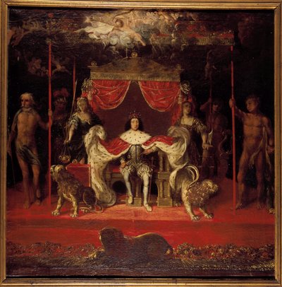 フレデリクスボー宮殿の玉座に立つデンマーク王クリスチャン 5 世の肖像画 (1646 ～ 1699 年)。 作： Michael van Haven
