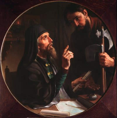聖三位一体の月桂樹 (Trinite-Saint-Serge) Dionysius Zobninovsky のヒグメン (hegoumene) は教会の行為を提示します (Lavra Dionysius Zobninovsky の Hegumen は教会の行為を提示します) - Mikhail Ivanovich Skotti による絵画 (18)。 作： Michail Ivanovich Skotti