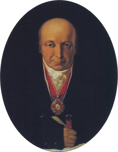 1818年、ロシアアラスカの初代総督、ロシア系アメリカ人企業の責任者、アレクサンダーバラノフの肖像 作： Michail Tikhanov