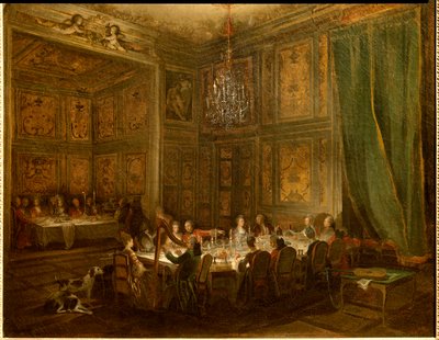 ルイ・フランソワ・ド・コンティ公爵の晩餐会、神殿宮殿 絵画：ミシェル・バルテルミー・オリヴィエ（1712-1784） 1766年 日0,56x0,71 作： Michel Barthelemy Ollivier or Olivier