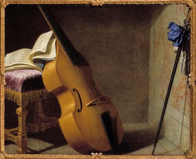 ベース、楽譜、シュペー。 Michel Boyer (1668-1724) の絵画 作： Michel Boyer