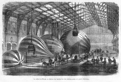 パリ包囲戦におけるオルレアン駅での郵便気球の製造、パブ。1871年（彫刻 作： Michel Charles Fichot