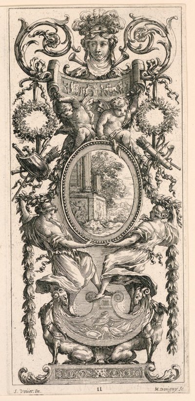 Livre de Diverses Grotesques peintes dans le Cabinet et Bains de la Reyne Regente、au Palais Royale から、葉が並ぶ頭が上にある装飾パネル、葉が並ぶ頭が上にある装飾パネルのプレート 11 作： Michel Dorigny