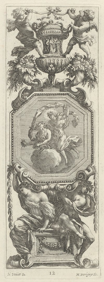 2つのプッティと花瓶が上にある装飾パネル 作： Michel Dorigny, after Simon Vouet