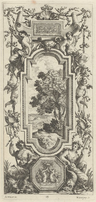 海景と貝殻を乗せた装飾パネル 作： Michel Dorigny, after Simon Vouet
