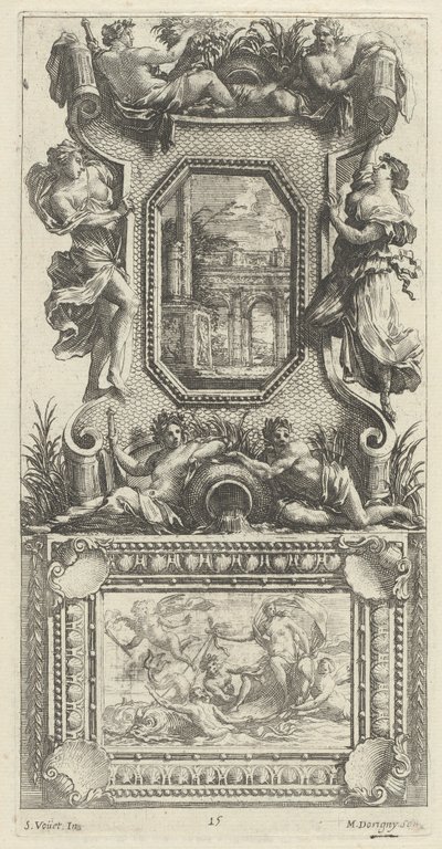 ナイアードと川の神が乗った装飾パネル 作： Michel Dorigny, after Simon Vouet