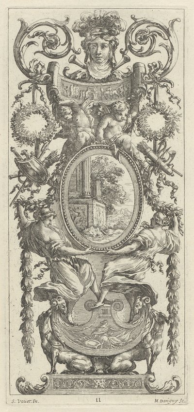 葉に囲まれた頭が上にある装飾パネル 作： Michel Dorigny, after Simon Vouet