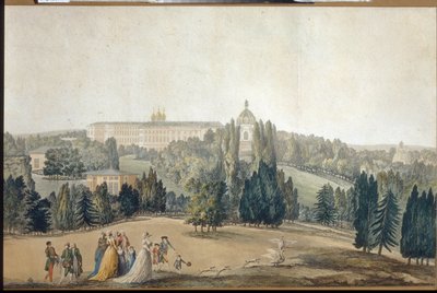 ツァルコエ ・ セロー (サンクトペテルブルク) のビュー。 皇后エカテリーナ 2 世 (1729-1796) の遊歩道。 (ツァルコエ・セローの眺め。女帝エカテリーナ 2 世の散歩)。 Michel Francois Damam Demartrait (1763-1827) の作品、版画と水彩画。 フランス美術 作： Michel Francois Damam Demartrait