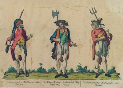 ズボンなしのフランスの郵便局員、ズボンなしのFreikorpsのMarsili、およびズボンなしのBankrutirter魚屋、1793年（カラーエッチング） 作： Michel Hennin