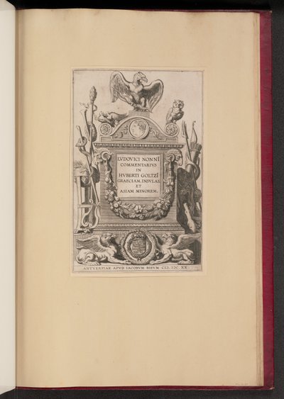 Ludovicus Nonnius のタイトル ページ、Hubert Goltz のギリシャ、島々、および小アジアに関する解説 作： Michel Lasne after Sir Peter Paul Rubens