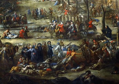マルセイユのクール・ベルサンスの眺め、1720年のペストの間、ベルサンスの枢機卿とペストの犠牲者の死体のグループを描いた詳細 作： Michel Serre