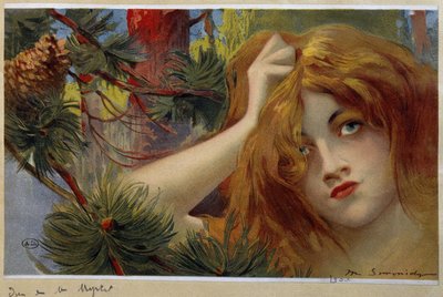 inqiuiete を探している赤毛の女性は、彼女の頭 - クロモを立っています。 シモンディ 作： Michel Simonidy