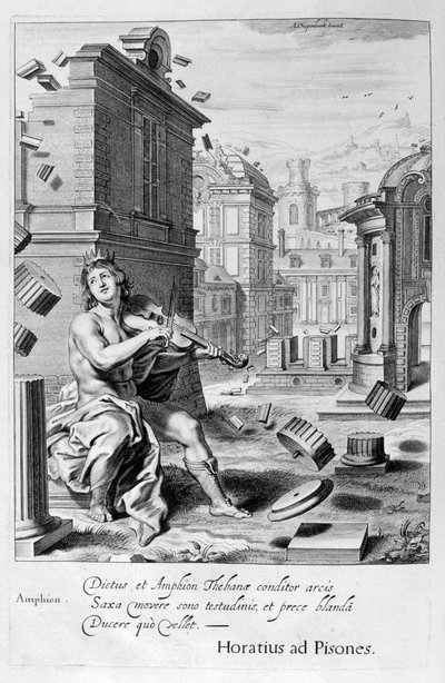 アンフィオンは彼のバイオリンの音楽によってテーベの壁を築きました、1655 作： Michel de Marolles