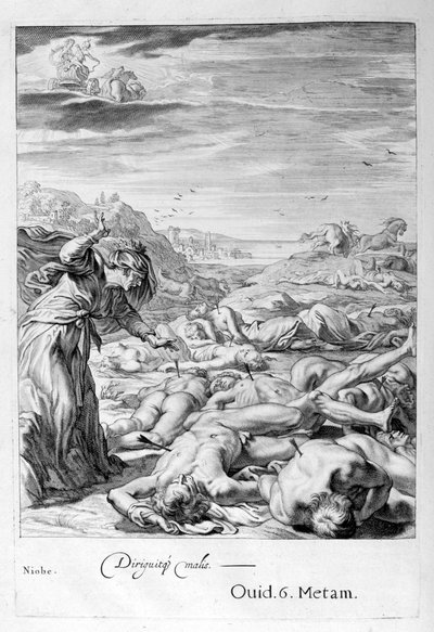 アポロとダイアナは矢でニオベスの子供を殺します：彼女は石に変わります、1655 作： Michel de Marolles