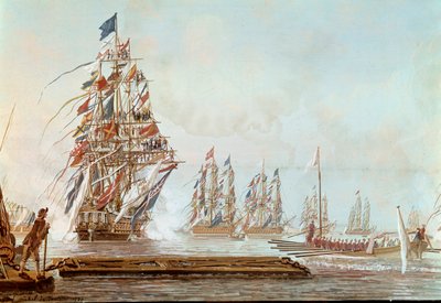 1777年7月、トゥーロンの港でプロヴァンス伯爵に与えられた饗宴、防波堤の翼 グアッシュ：Michel Joseph dit Michel de Toulon（1777年から1792年にかけて活躍）1777年。ヴェルサイユ、城の博物館 作： Michel de Toulon