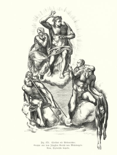 ミケランジェロの「最後の審判」（イタリア・ローマ、サン・ピエトロ大聖堂、システィーナ礼拝堂の祭壇壁に描かれた絵）の細部「裁かれるキリスト」（エングレーヴィング 作： Michelangelo (after) Buonarroti