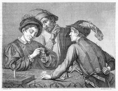 詐欺師たち。1596年頃のカラヴァッジオ（il Caravaggio）の作品を描いた19世紀の彫刻。 作： Michelangelo (after) Caravaggio