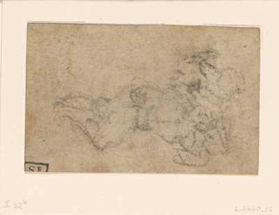 ミケランジェロ - ダヴィデとゴリアテ。ヴェルソ罫建築習作、1550-1556年頃、I、32b 作： Michelangelo
