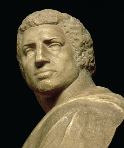 Brutus、ミケランジェロ・ブオナローティによるバストの頭の詳細1475-1564、1539-40 c.79848の大理石の詳細 作： Michelangelo Buonarroti