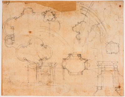 スフォルツァ礼拝堂の建築計画、立面図、ドームのスケッチ 作： Michelangelo Buonarroti