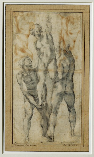 三人目を持ち上げる二人の裸の男 1502-06年頃... 作： Michelangelo Buonarroti