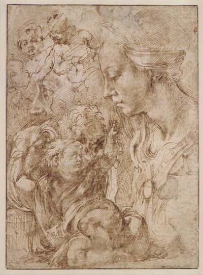 "Etude pour la sainte Famille avec saint Jean Baptiste enfant" (Studies for a Holy Family with John the Baptiste as Child) Dessin de Michelangelo Buonarroti (1475-1564) - 1505 - ペン、筆、墨、紙 Dim 28,7x20,9 cm Staatliche Museen, Berlin 作： Michelangelo Buonarroti