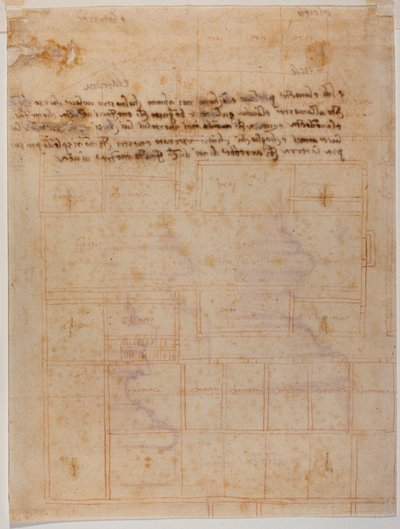 サン・ロレンツォ修道院の断片的な平面図、手書きの碑文 作： Michelangelo Buonarroti