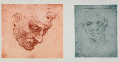 顔の正面図、およびプロファイルの1つ。ミケランジェロの絵。カーサブオナローティ（フィレンツェ） 作： Michelangelo Buonarroti