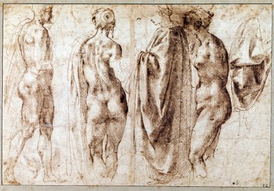 4人の立像とドレープのグループ ミケランジェロ・ブオナローティ（Michelangelo Buonarroti dit Michelangelo）のペンによるドローイング。 作： Michelangelo Buonarroti