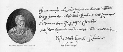 ミケランジェロブオナローティの手書きと署名（紙にペンとインク） 作： Michelangelo Buonarroti