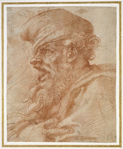 叫んだひげを生やした男の頭、c.1525（紙に赤いチョーク） 作： Michelangelo Buonarroti