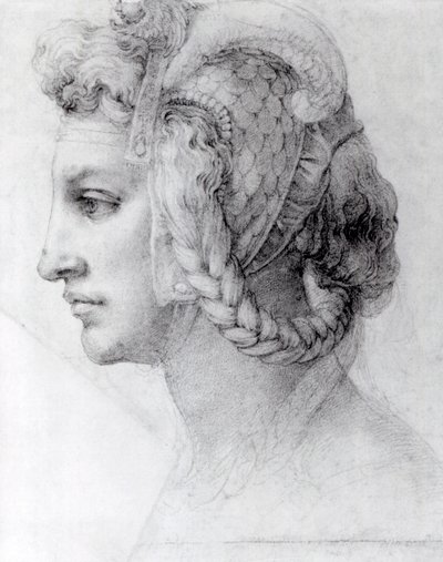 女性の理想的な頭、c.1525-28（紙に黒いチョーク） 作： Michelangelo Buonarroti