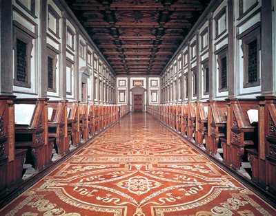 ローレンシャン図書館ホール、建築家ミケランジェロ（1475-1564）、イタリア・フィレンツェ 作： Michelangelo Buonarroti