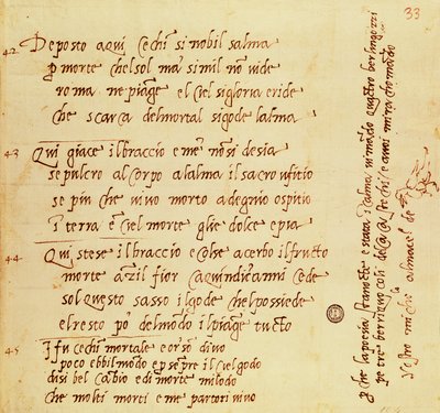 ミケランジェロ・ブオナローティ（1475-1564）の詩の写本 作： Michelangelo Buonarroti