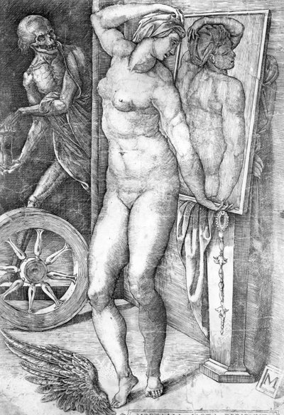 鏡で自分を見つめるヌード、モノグラムミストのプリント 作： Michelangelo Buonarroti