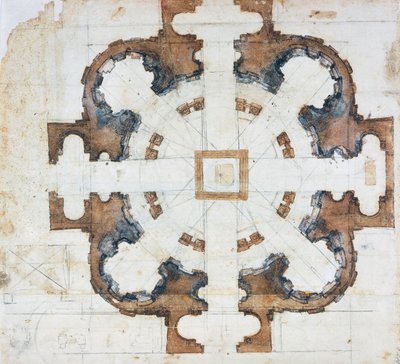 ローマのサン・ジョバンニ・デイ・フィオレンティーニ聖堂の平面図、1559年頃、ミケランジェロ・ブオナローティ（1475-1564）の描いたもの、イタリア 作： Michelangelo Buonarroti