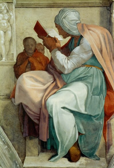 預言者とシビュル1508-1512年、バチカンのシスティーナ礼拝堂の天井に描かれたペルシャのシビル。 作： Michelangelo Buonarroti