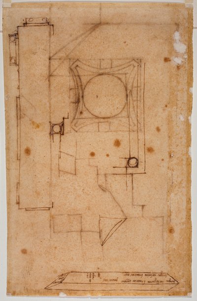 首都の断面図、ファサードの平面図、寸法を記した自筆のスケッチ 作： Michelangelo Buonarroti