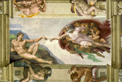 システィーナ礼拝堂の天井（1508-12年）。アダムの創造 作： Michelangelo Buonarroti