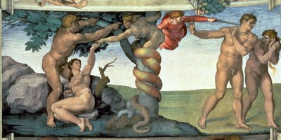 システィーナ礼拝堂の天井（1508-12年）。人間の堕落 作： Michelangelo Buonarroti