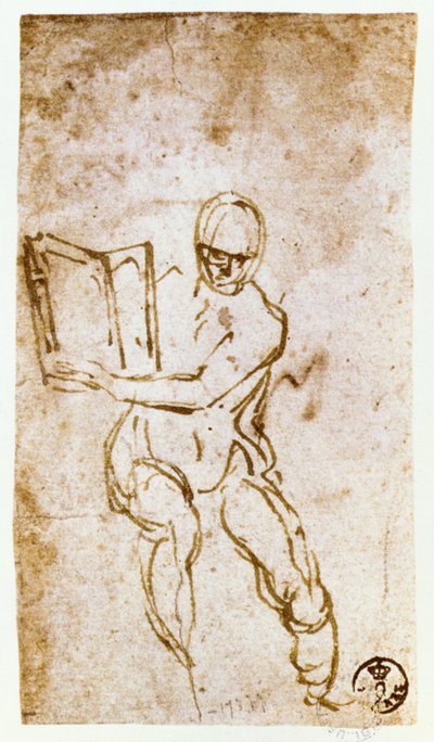システィーナ礼拝堂の天井（1508-12）：預言者の一人（ペンと茶色のインク）のスケッチ 作： Michelangelo Buonarroti