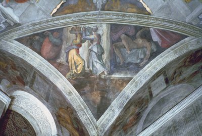 システィーナ礼拝堂の天井：ホロフェルネス（スパンドレル）の頭を運ぶジュディス（修復前） 作： Michelangelo Buonarroti