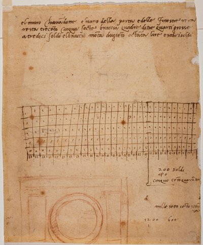 窓のスケッチ、自筆の注釈と図形計算 作： Michelangelo Buonarroti