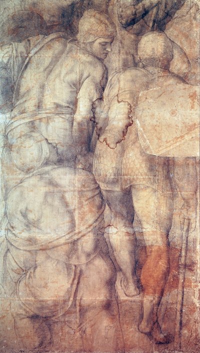 ミケランジェロ（1475-1564）による「兵士たち」。バチカン宮殿のパウリーネ礼拝堂に描かれた「聖ペテロの磔刑」のフレスコ画のための下絵。 作： Michelangelo Buonarroti