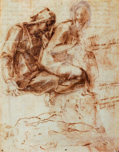 ミケランジェロ（1475-1564）の「聖アンナと子連れのマドンナ」、デッサン 作： Michelangelo Buonarroti